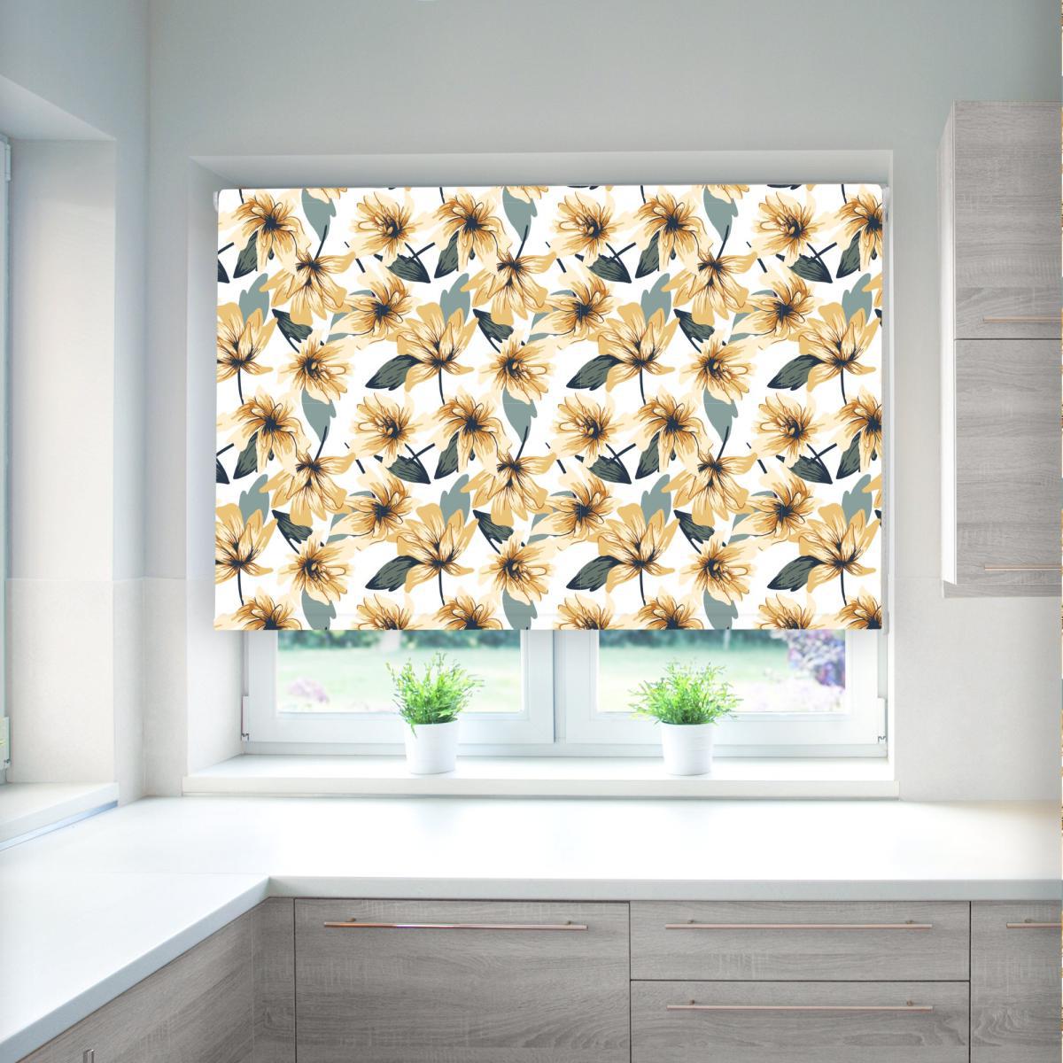 Floral and Leaf Ochre Blackout Roller Blind Yellow, Grey and White – image 1