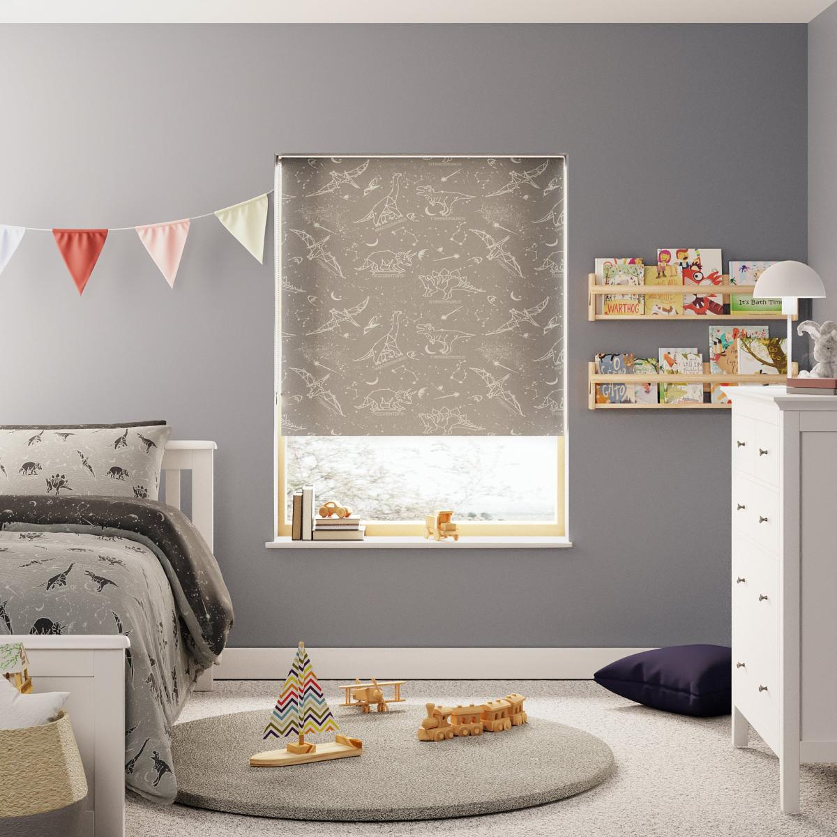 Space Dinosaurs Grey Blackout Twist Safe Roller Blind Grey – image 1