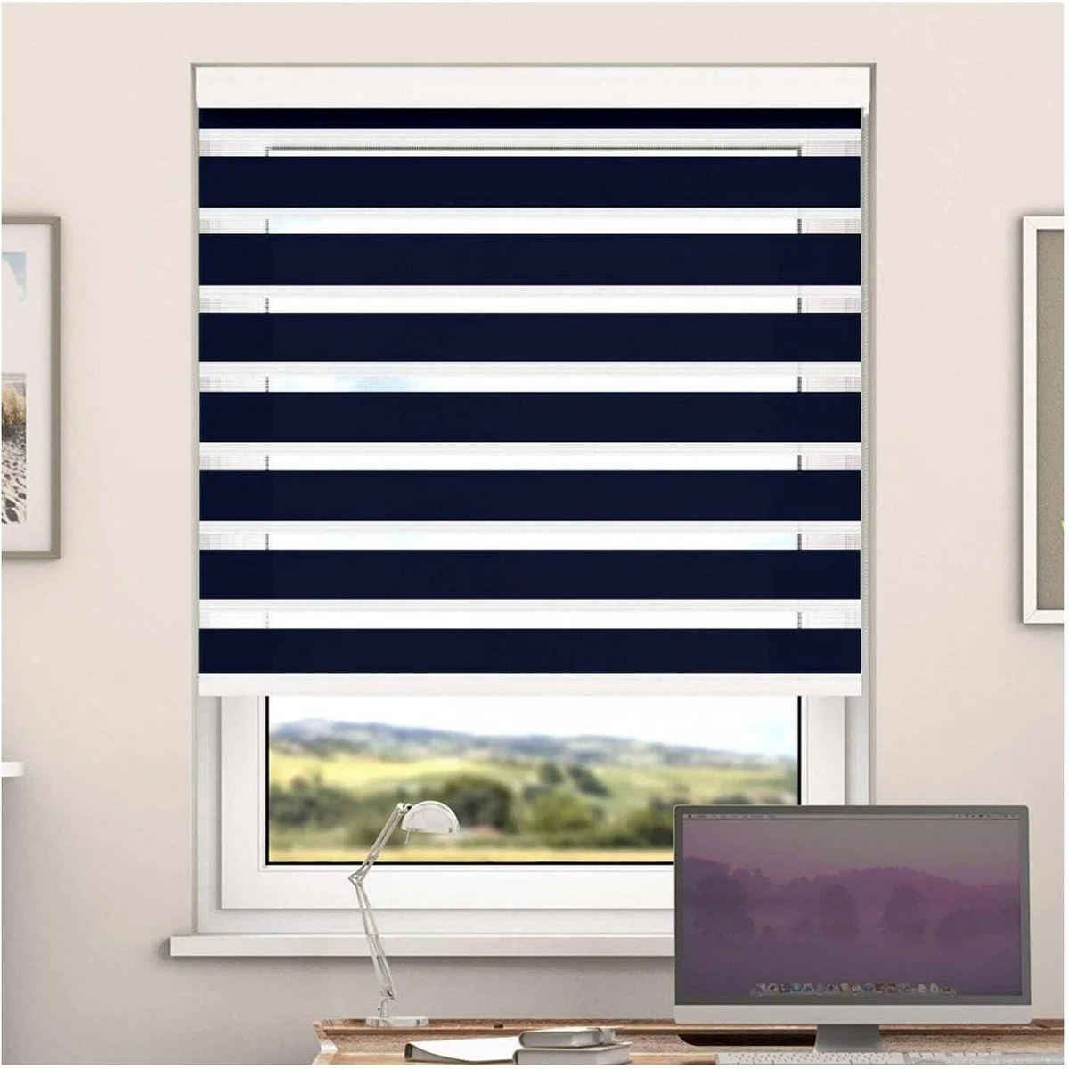 Day And Night Zebra Roller Blind with Cassette - Blue Night / 115cm – image 1