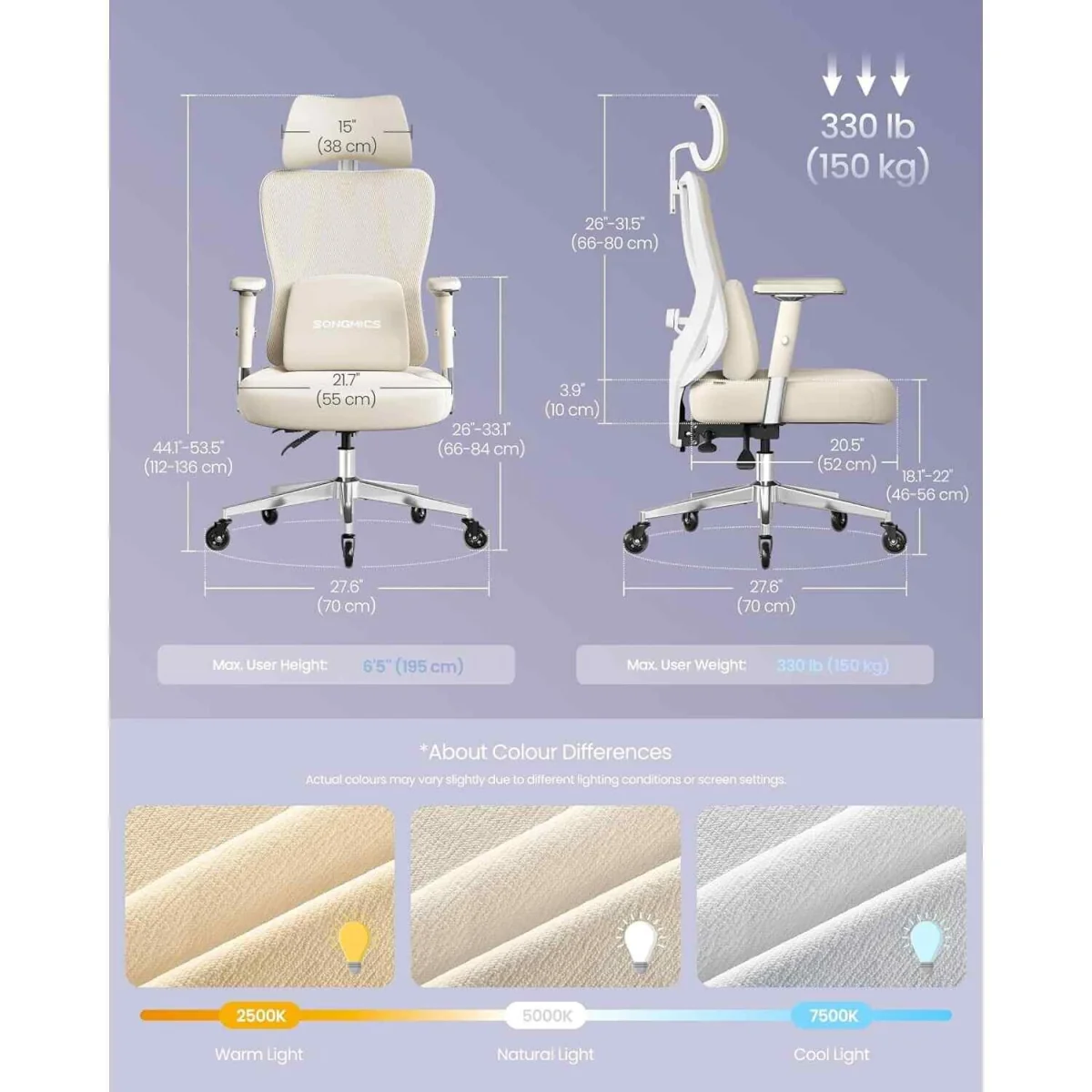 Reclining Gaming Chair Lumbar Support Armrests, Brown & White - Camel Brown, Cloud White – image 3