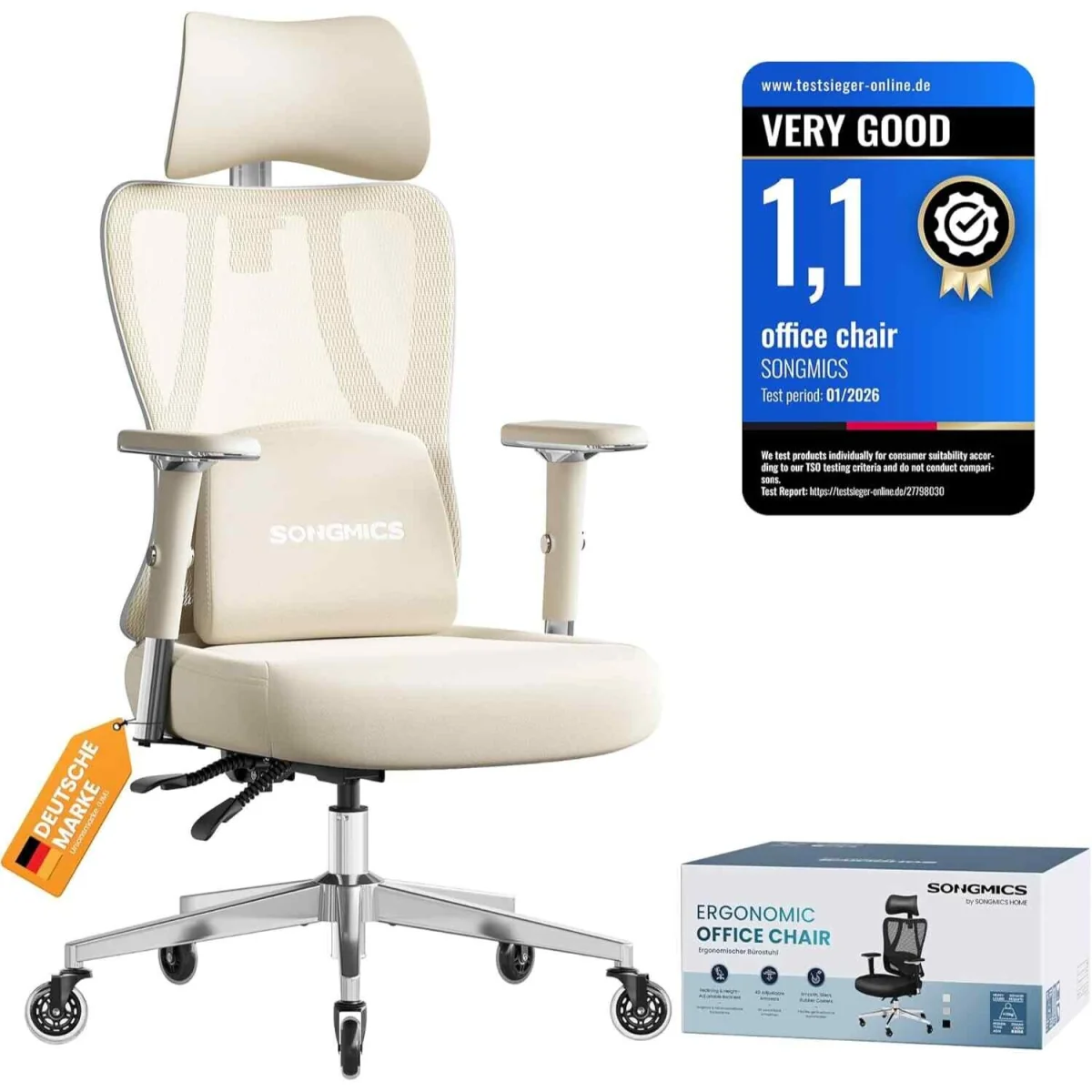 Reclining Gaming Chair Lumbar Support Armrests, Brown & White - Camel Brown, Cloud White – image 4