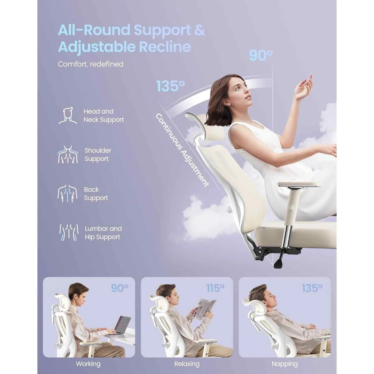 Reclining Gaming Chair Lumbar Support Armrests, Brown & White - Camel Brown, Cloud White – image 7