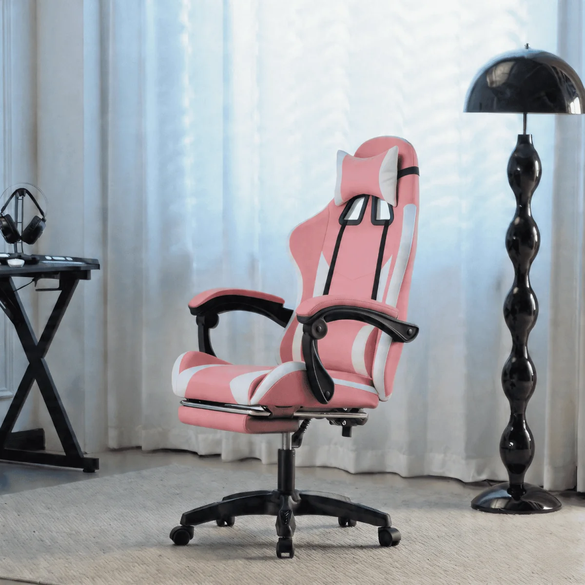 Neuro Adjustable PVC Gaming Chair with Pull-out Legrest - Pink & White / FabricFoamMetalNylonPolypropyleneSteelPVC – image 2