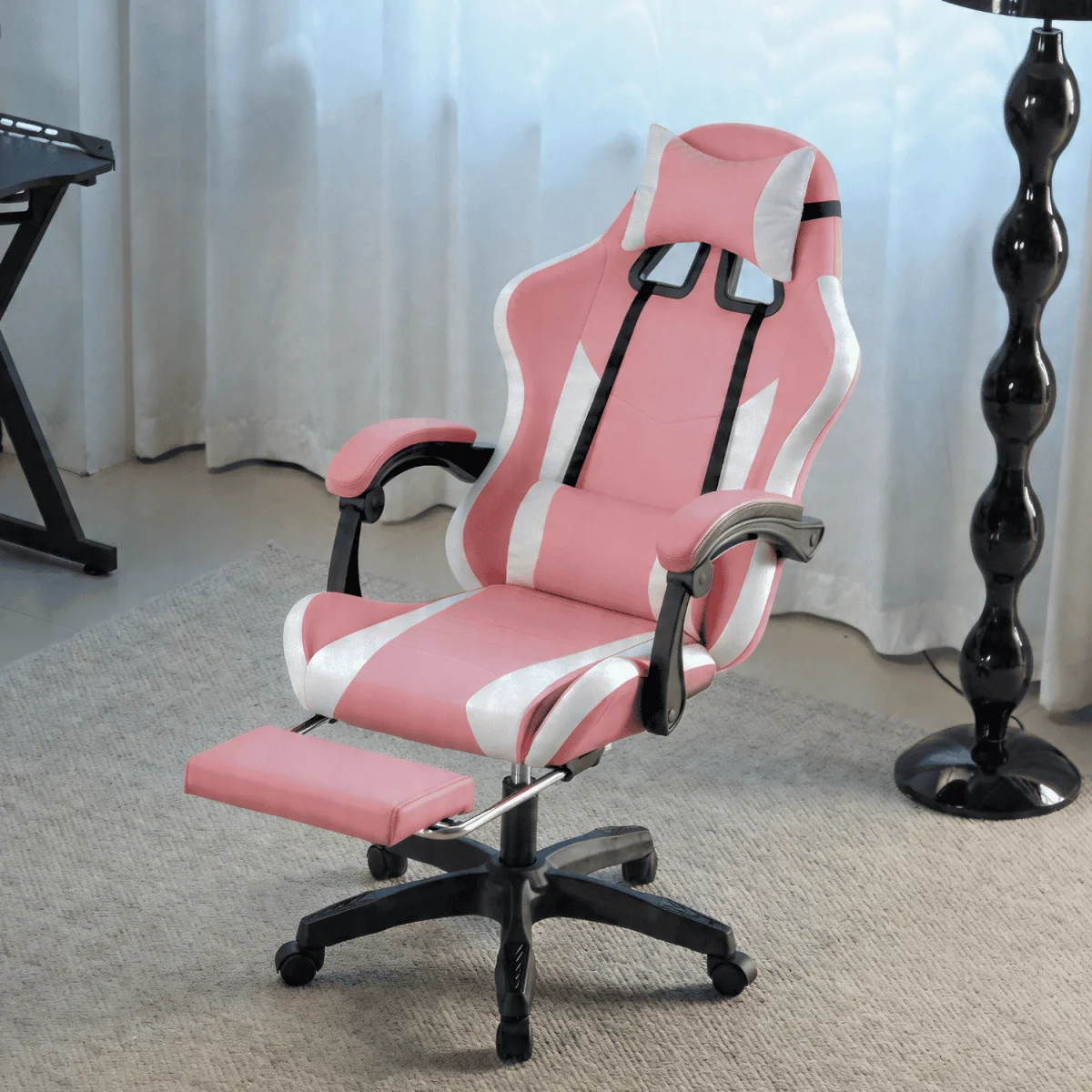 Neuro Adjustable PVC Gaming Chair with Pull-out Legrest - Pink & White / FabricFoamMetalNylonPolypropyleneSteelPVC – image 4