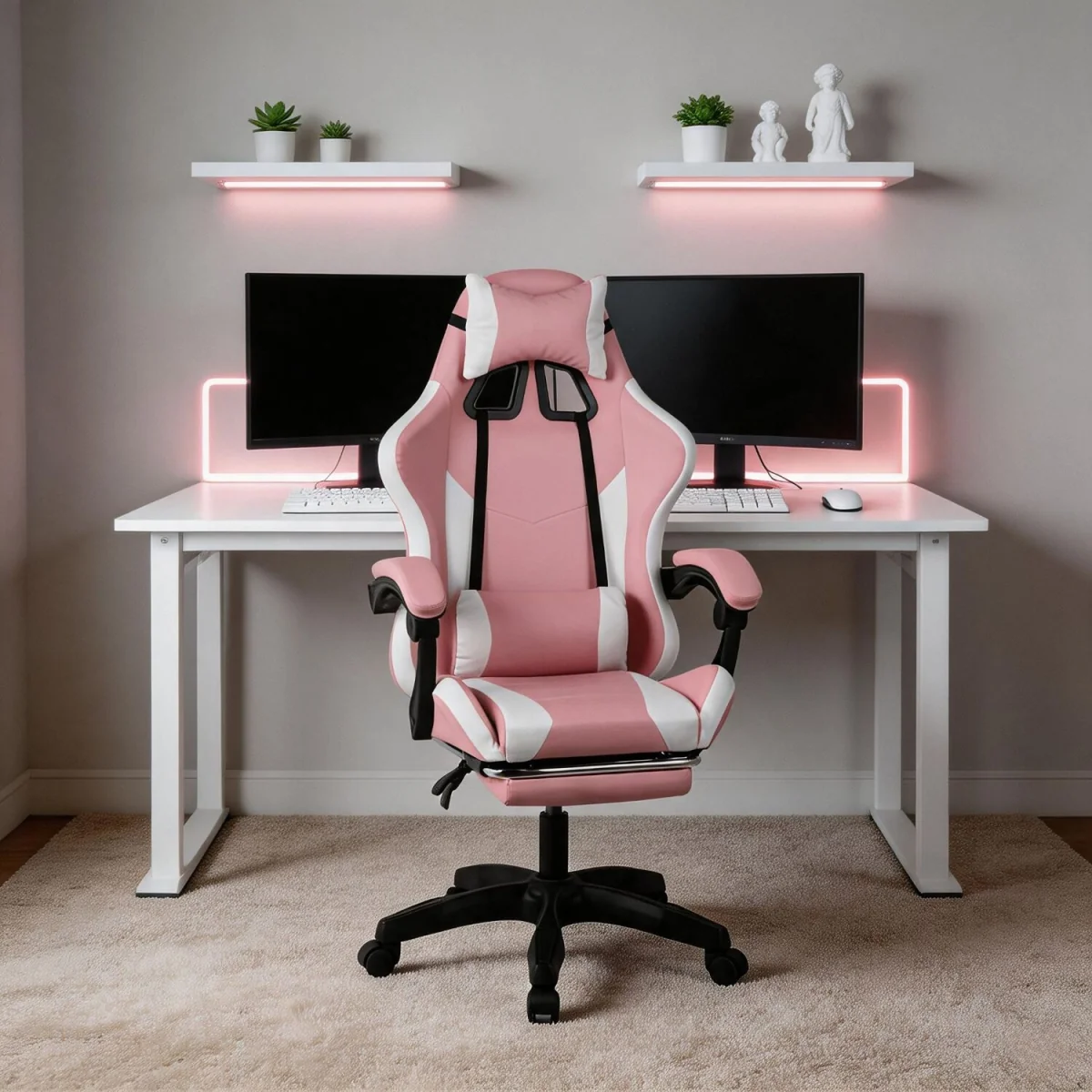Neuro Adjustable PVC Gaming Chair with Pull-out Legrest - Pink & White / FabricFoamMetalNylonPolypropyleneSteelPVC – image 1
