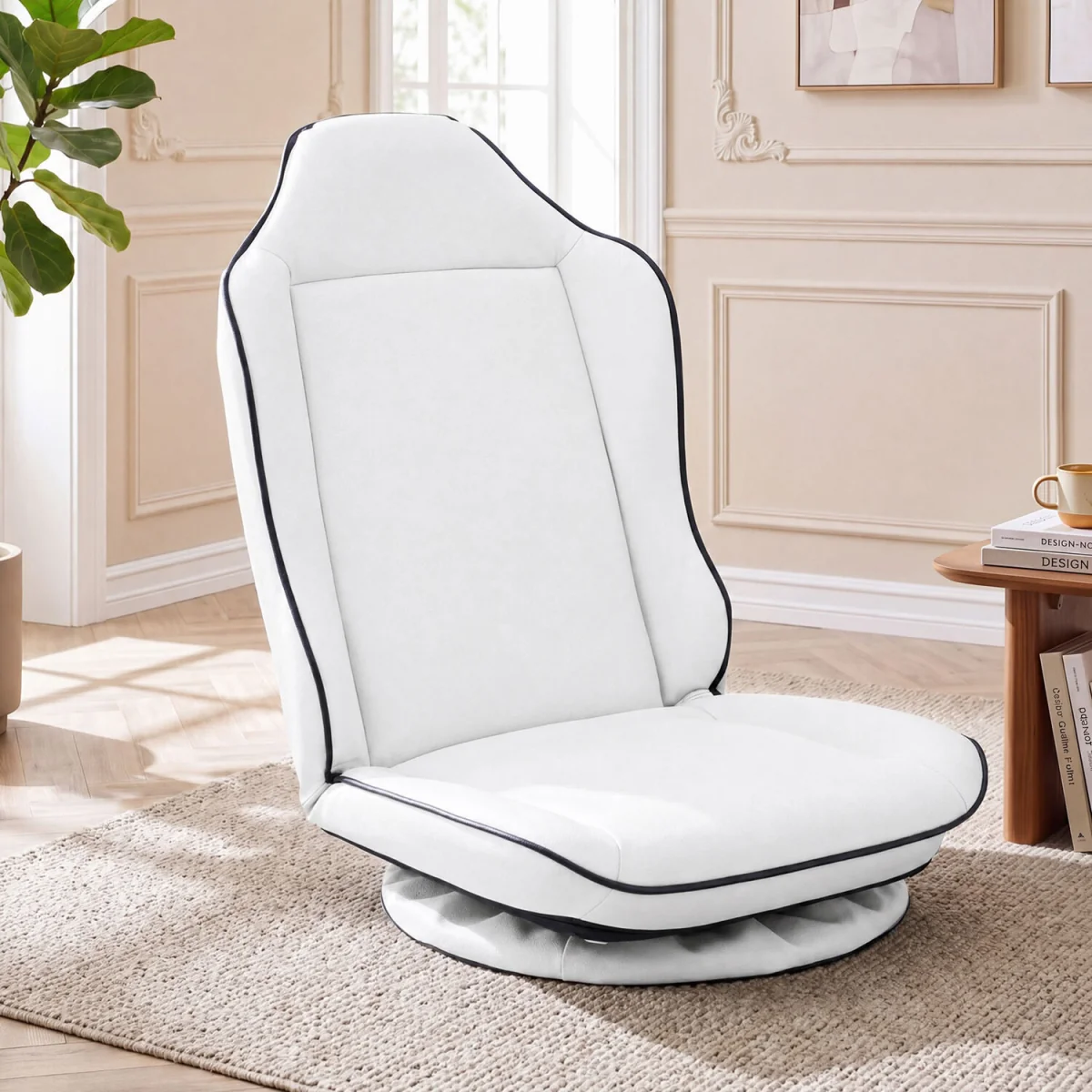 Foldable Swivel Floor Gaming Chair with Padded Seat Cushion - White – image 2