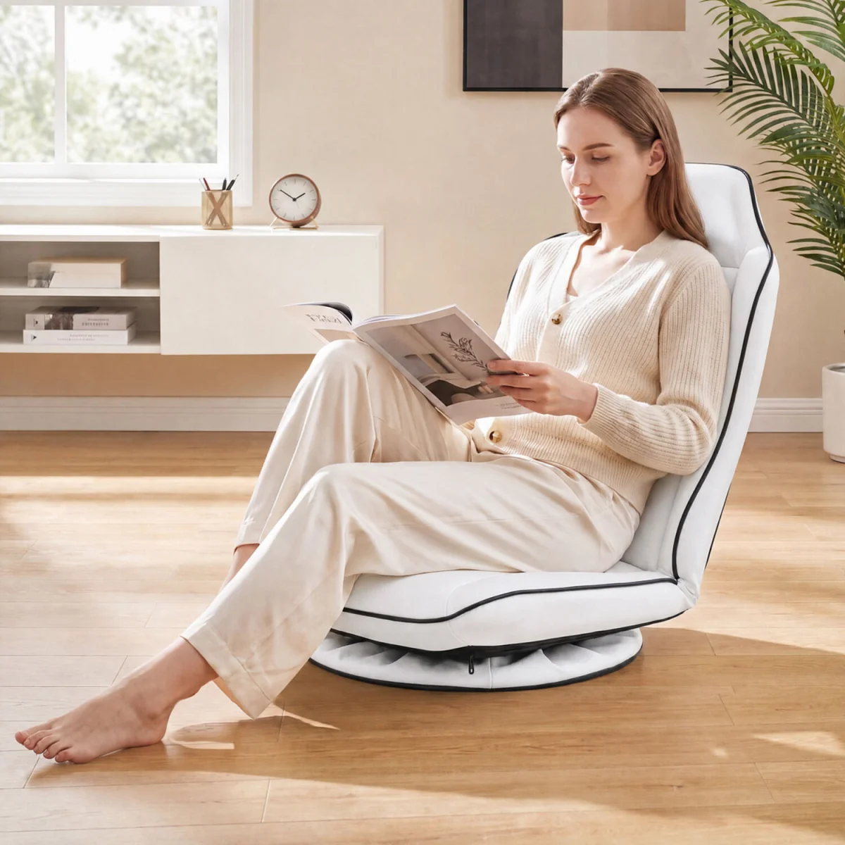 Foldable Swivel Floor Gaming Chair with Padded Seat Cushion - White – image 5