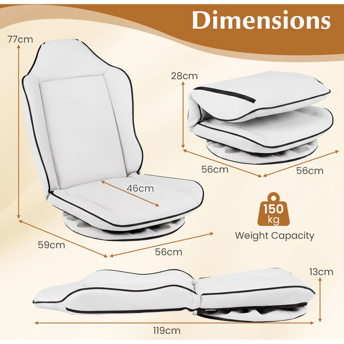 Foldable Swivel Floor Gaming Chair with Padded Seat Cushion - White – image 6