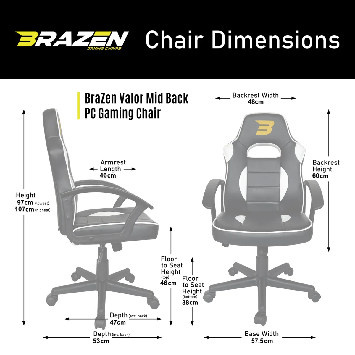 BraZen Valor Mid Back PC Gaming Chair - Yellow / 97 - 107 cm – image 3