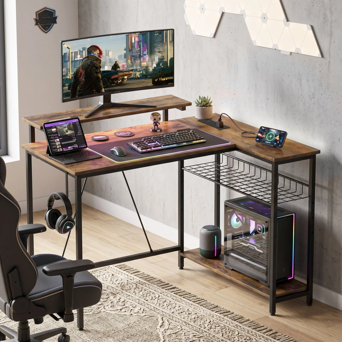 HOMCOM Reversible L Shaped Gaming Desk with Power Outlet Light - Rustic Brown – image 2