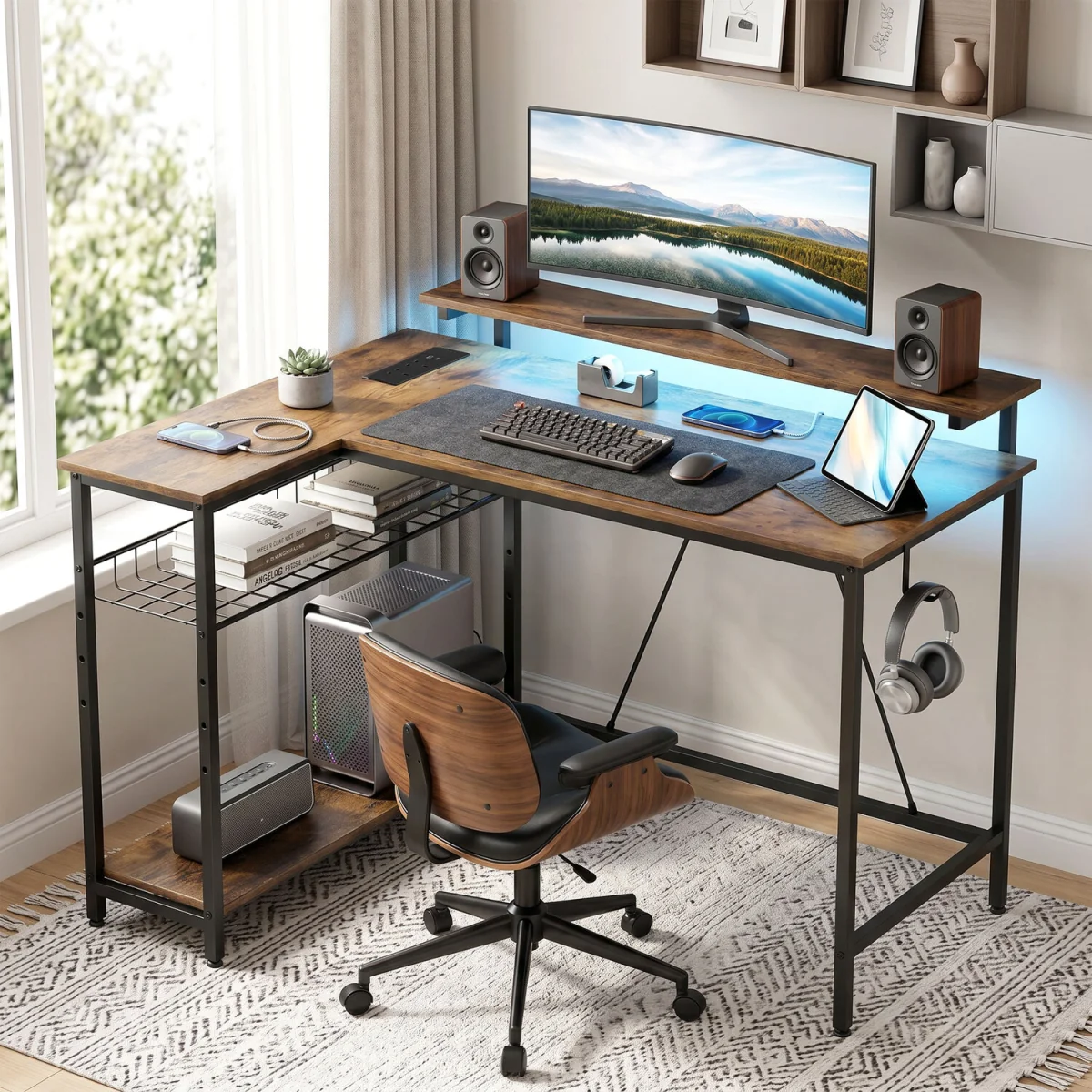 HOMCOM Reversible L Shaped Gaming Desk with Power Outlet Light - Rustic Brown – image 3