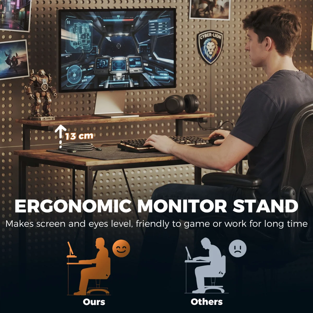 HOMCOM Reversible L Shaped Gaming Desk with Power Outlet Light - Rustic Brown – image 5