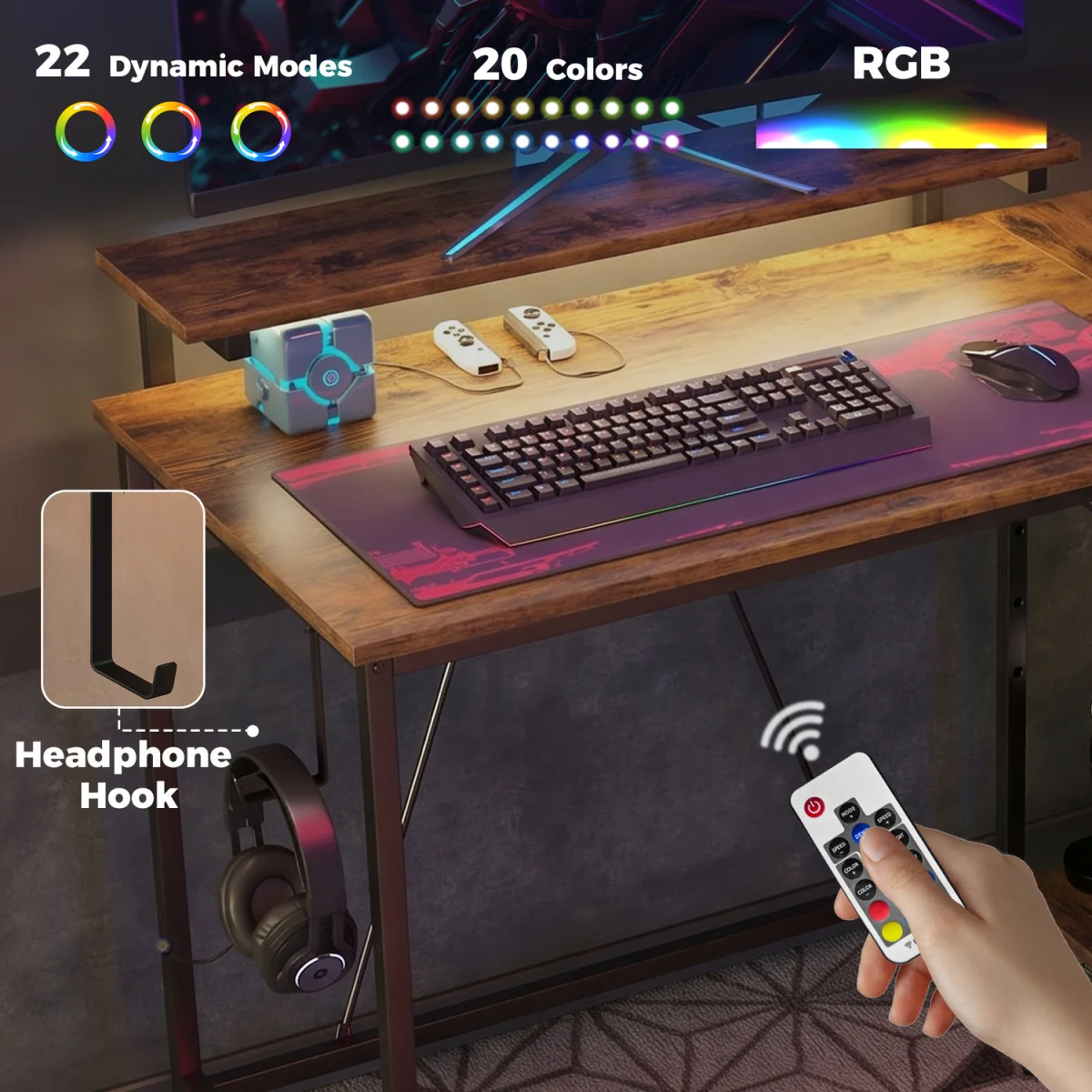 HOMCOM Reversible L Shaped Gaming Desk with Power Outlet Light - Rustic Brown – image 7
