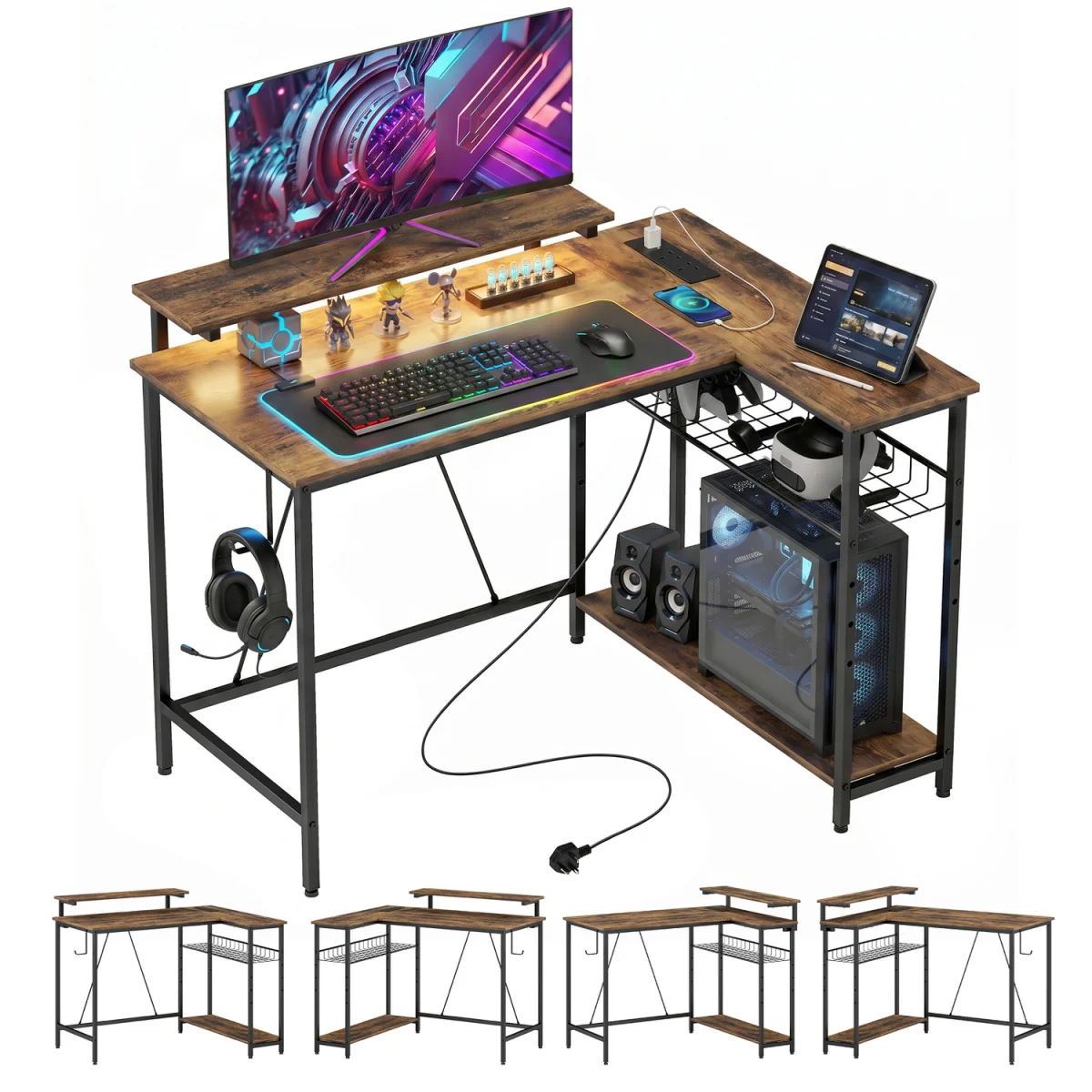 HOMCOM Reversible L Shaped Gaming Desk with Power Outlet Light - Rustic Brown – image 9
