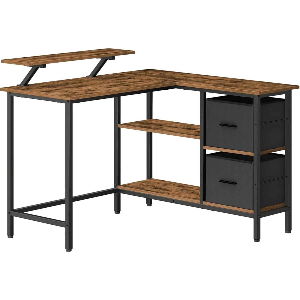 L-Shaped Gaming Desk with Storage Drawers and Monitor Stand, Multi-Function Gaming Station - Rustic Brown and Black – image 2