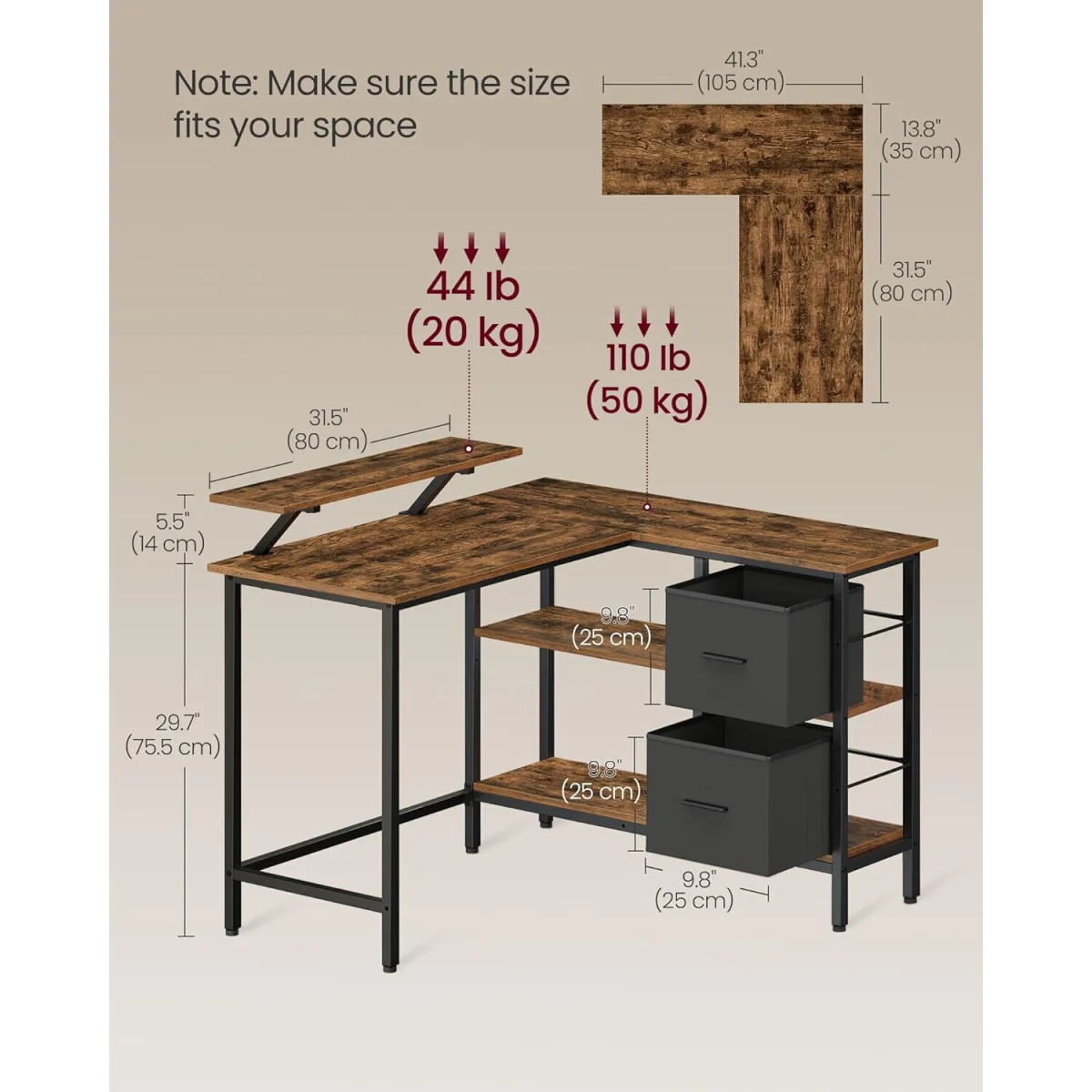 L-Shaped Gaming Desk with Storage Drawers and Monitor Stand, Multi-Function Gaming Station - Rustic Brown and Black – image 3
