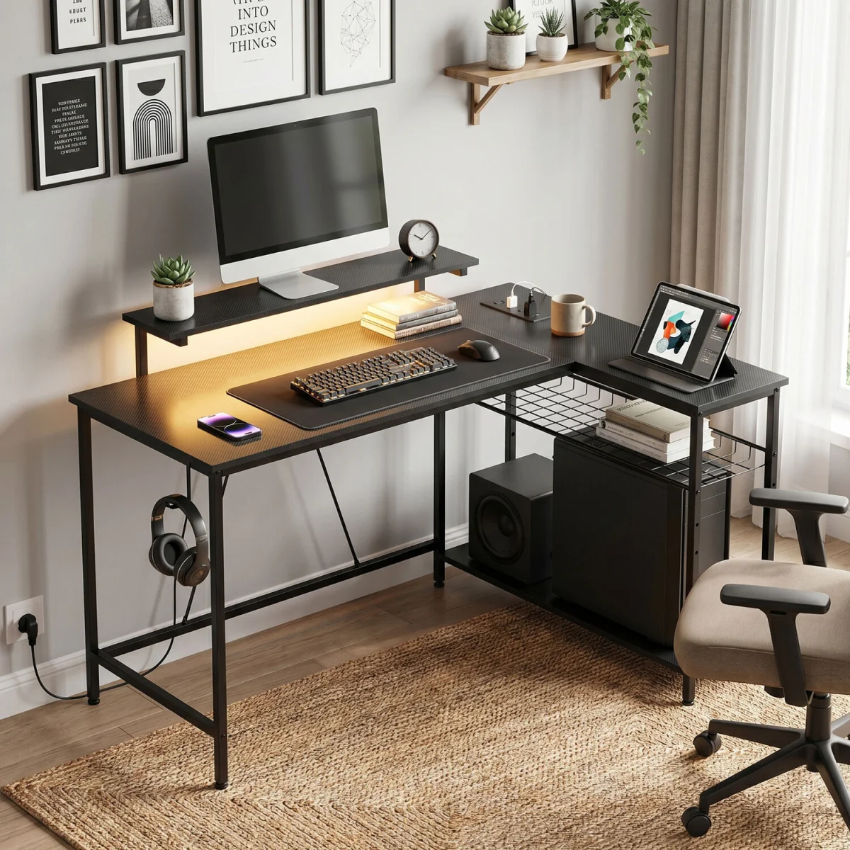 HOMCOM Reversible L Shaped Gaming Desk with Power Outlet Light - Black – image 2