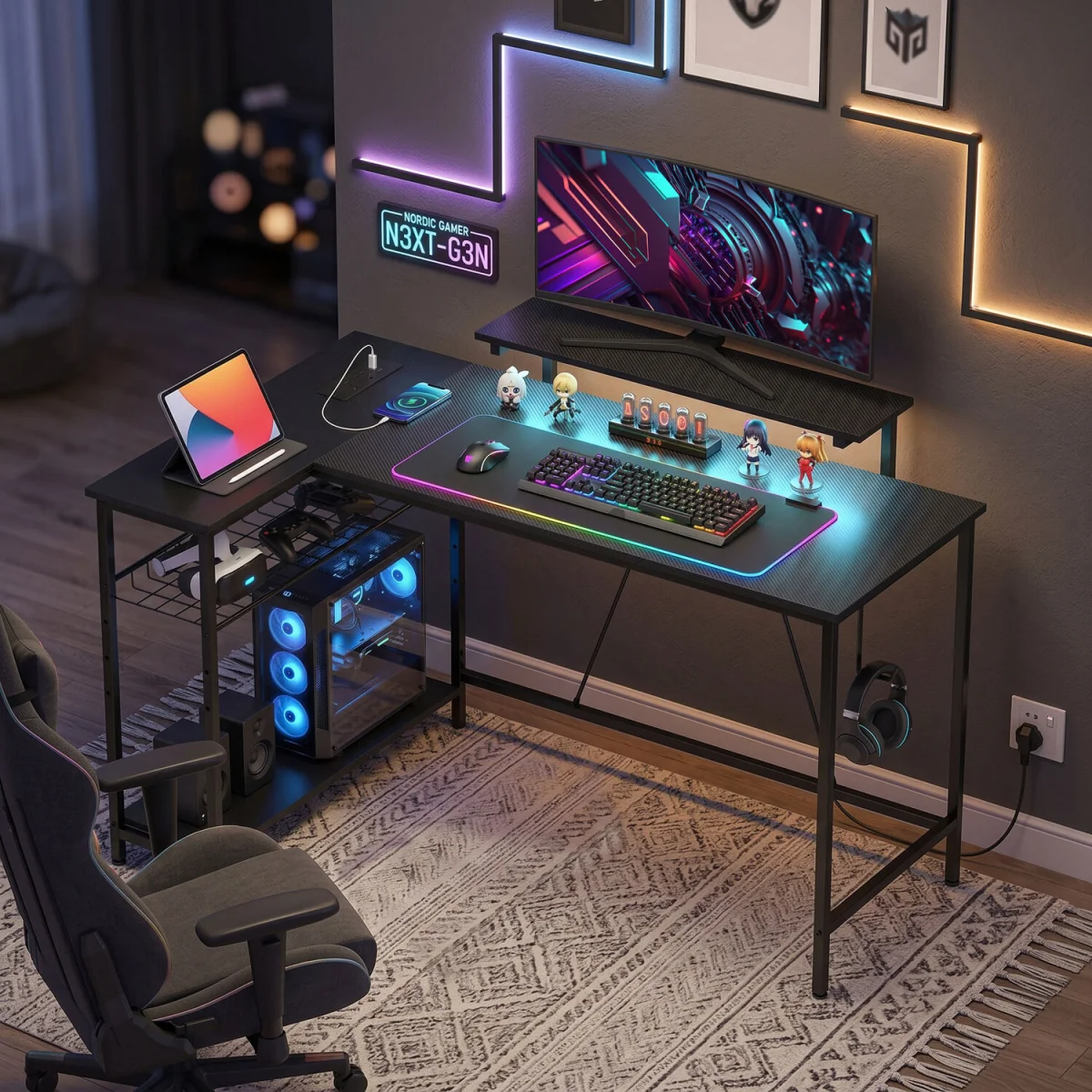 HOMCOM Reversible L Shaped Gaming Desk with Power Outlet Light - Black – image 3