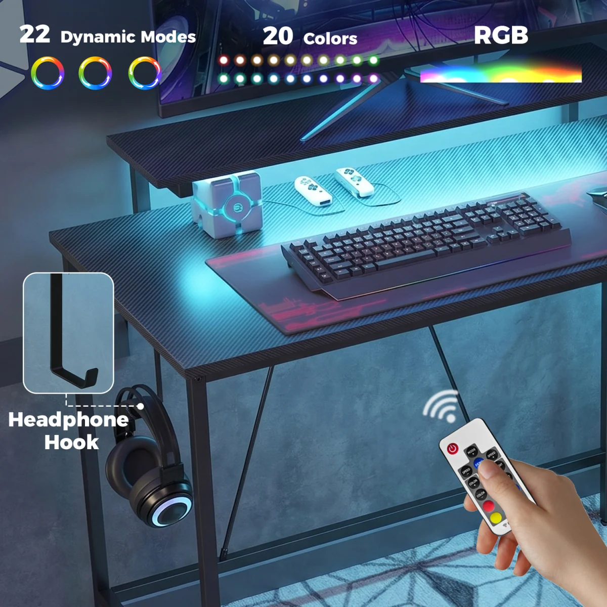 HOMCOM Reversible L Shaped Gaming Desk with Power Outlet Light - Black – image 7
