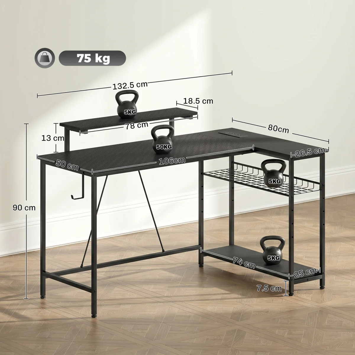 HOMCOM Reversible L Shaped Gaming Desk with Power Outlet Light - Black – image 8