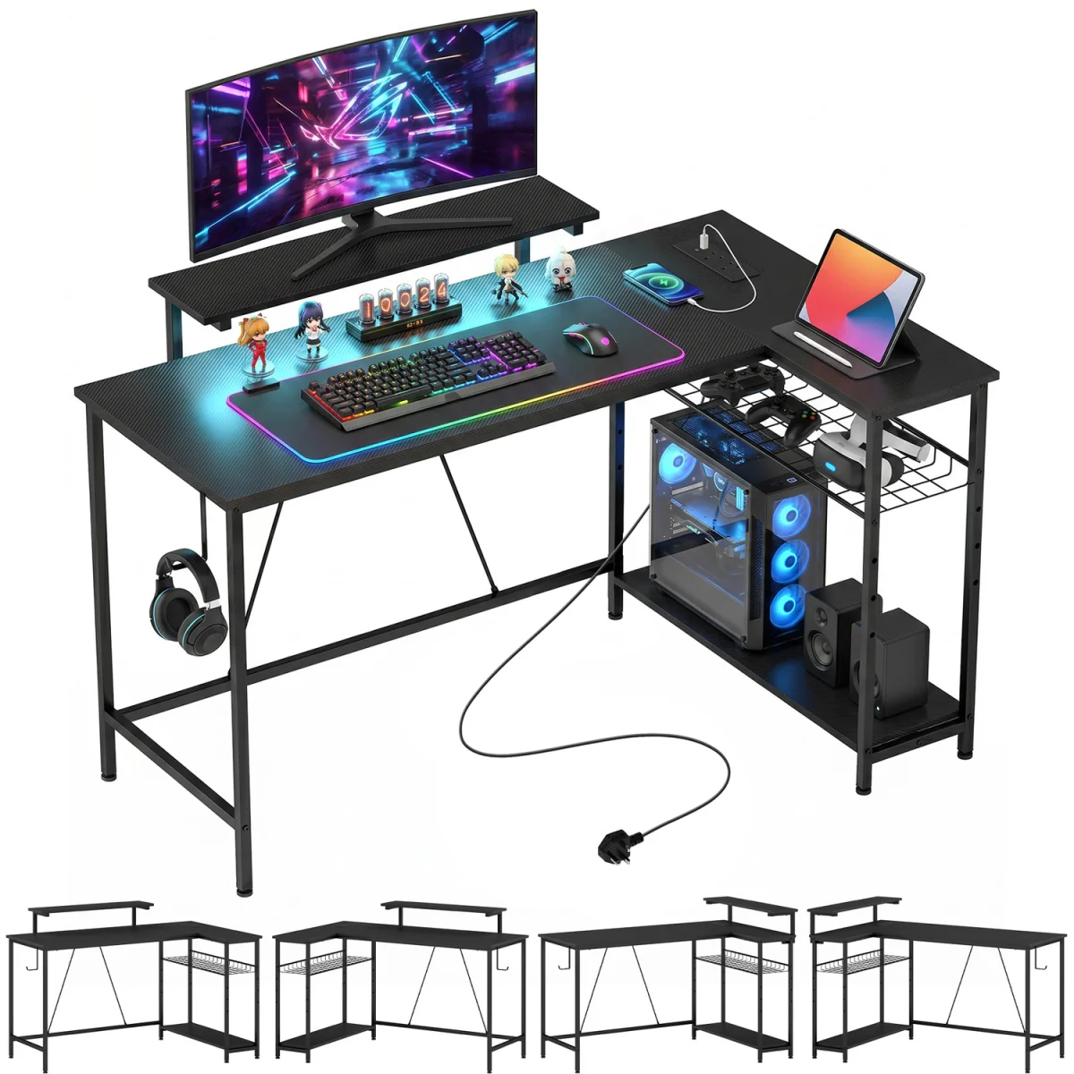 HOMCOM Reversible L Shaped Gaming Desk with Power Outlet Light - Black – image 9