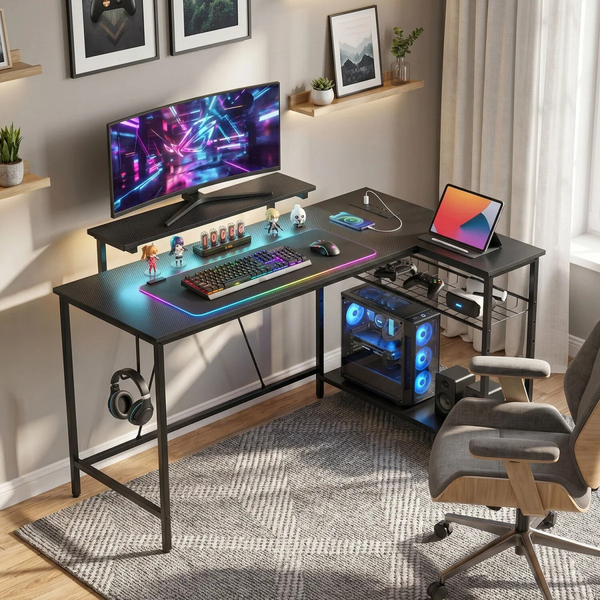 HOMCOM Reversible L Shaped Gaming Desk with Power Outlet Light - Black – image 1