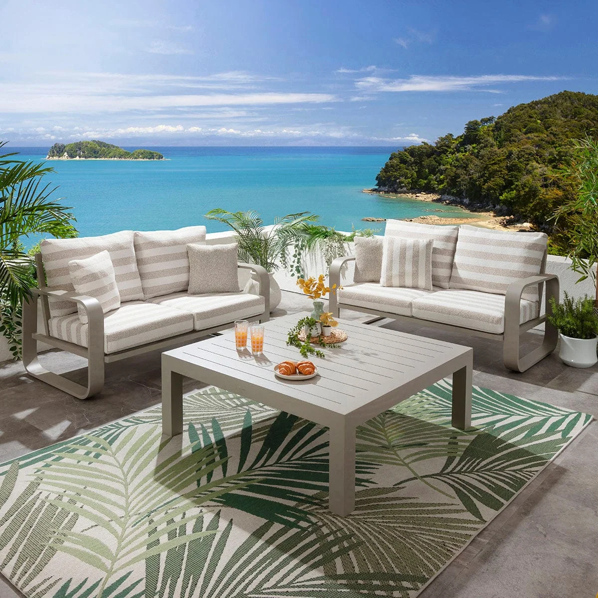 Modern 4 Seater Garden Sofa Set & Coffee Table Aluminium Cream Beige Stripe – image 1