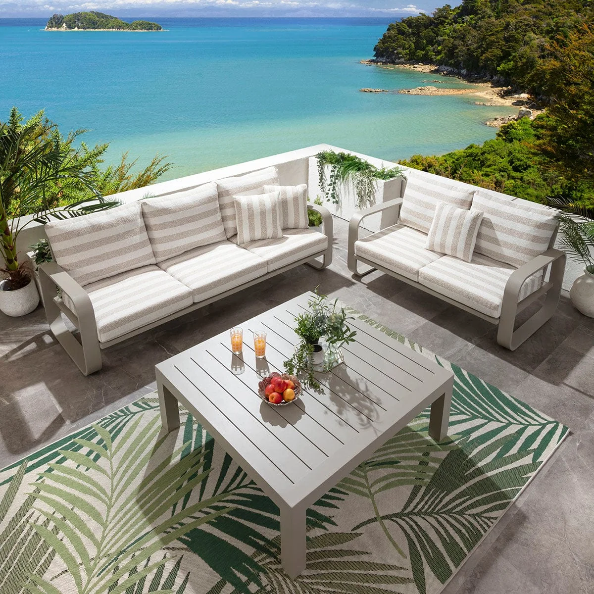Modern 5 Seater Garden Sofa Set & Coffee Table Aluminium Cream Beige Stripe – image 1