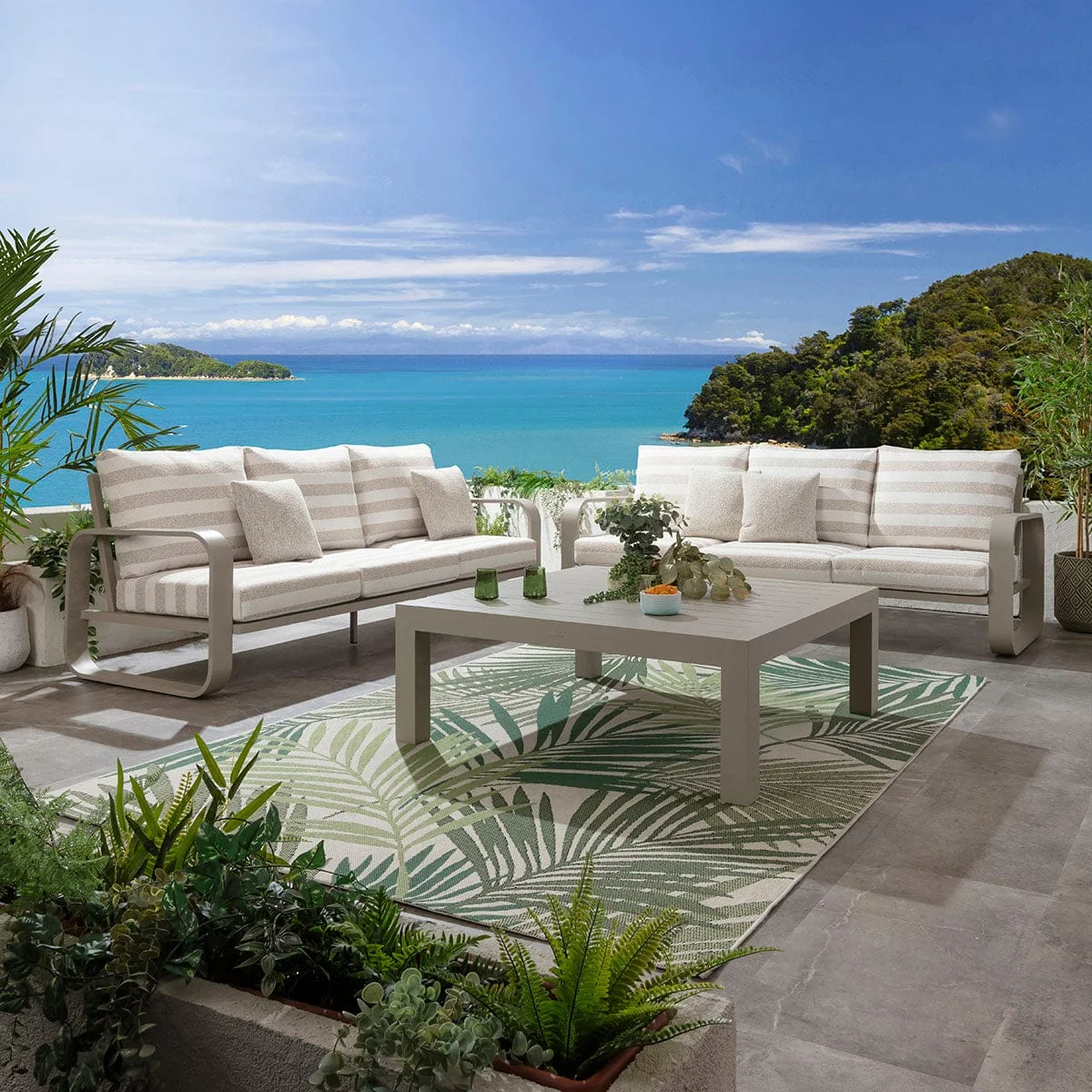 Modern 6 Seater Garden Sofa Set & Coffee Table Aluminium Cream Beige Stripe – image 2