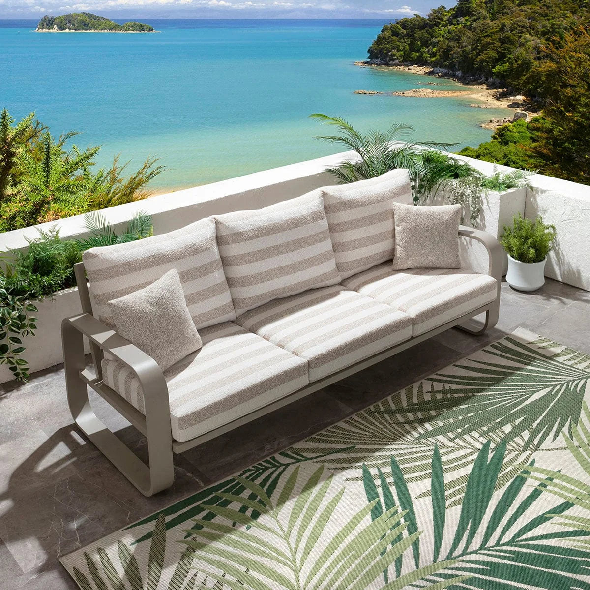 Modern 6 Seater Garden Sofa Set & Coffee Table Aluminium Cream Beige Stripe – image 3