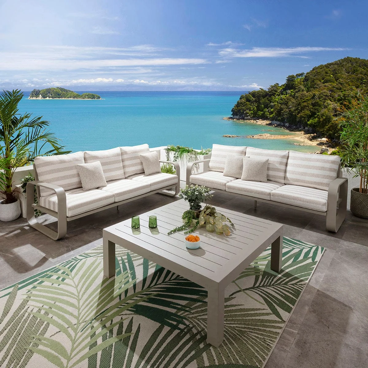 Modern 6 Seater Garden Sofa Set & Coffee Table Aluminium Cream Beige Stripe – image 4