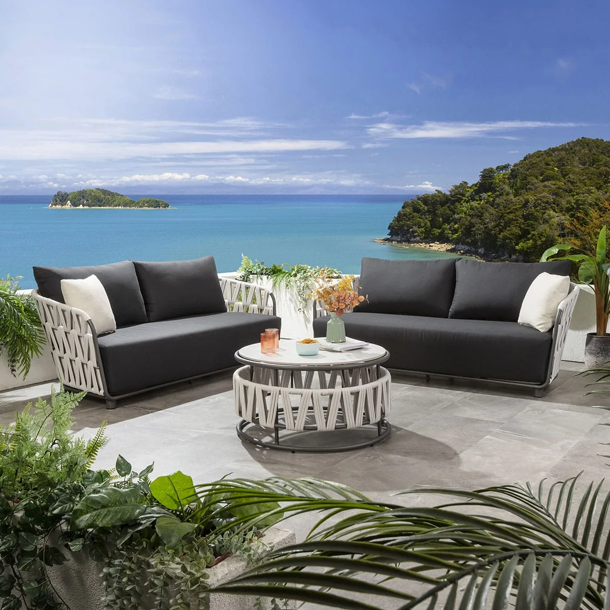 Modern 6 Seater Garden Sofa Set with Coffee Table Light Grey Rope – image 2