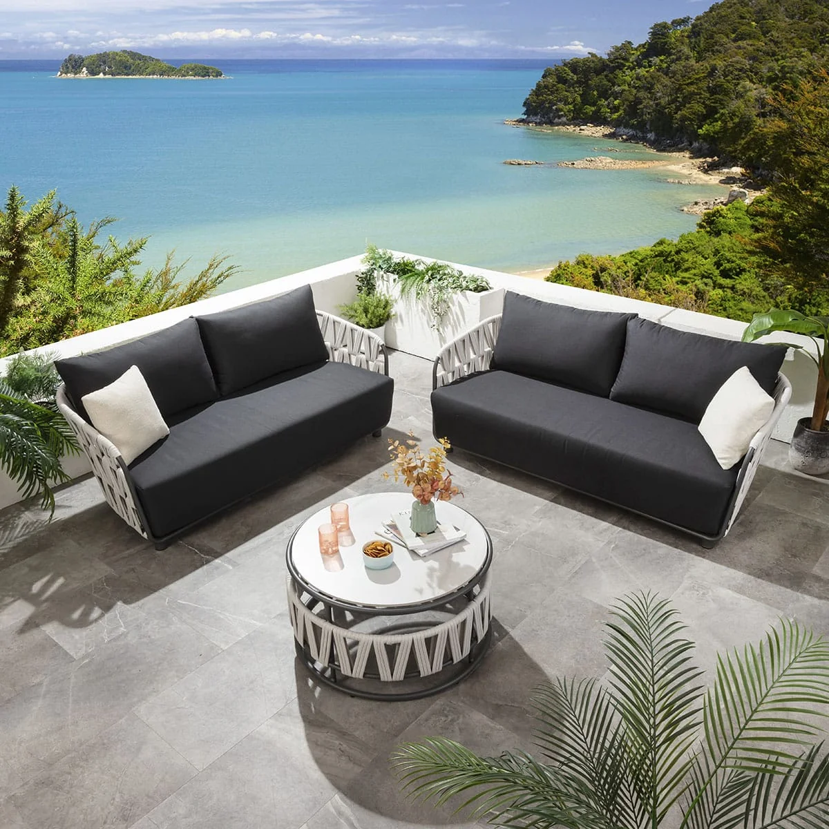 Modern 6 Seater Garden Sofa Set with Coffee Table Light Grey Rope – image 3