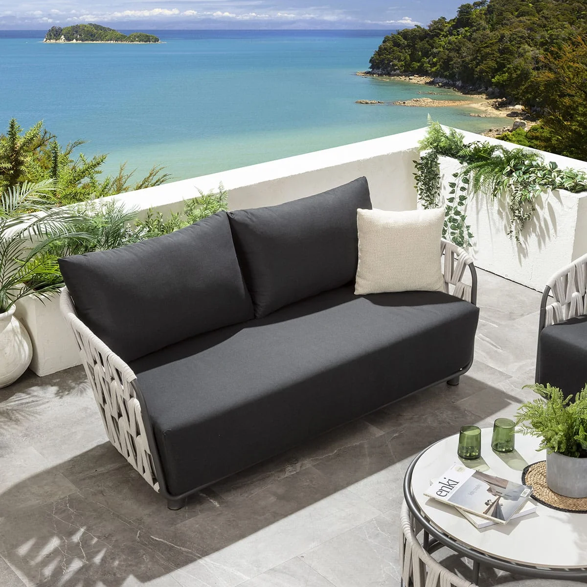Modern 6 Seater Garden Sofa Set with Coffee Table Light Grey Rope – image 7