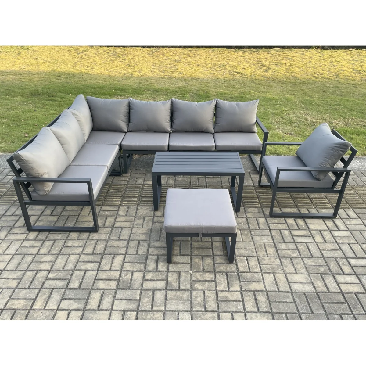 Fimous 8-Seater Aluminium Garden Corner Sofa Set with Coffee Table & Footstool, Dark Grey. - Dark Grey – image 2