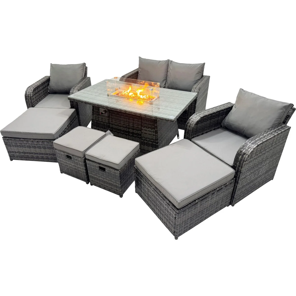 Fimous 8-Seater Patio Gas Fire Pit Dining Table Sofa Set with 4 Stools Dark Grey Mixed - Dark Grey Mixed – image 3