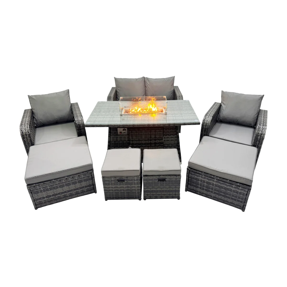 Fimous 8-Seater Patio Gas Fire Pit Dining Table Sofa Set with 4 Stools Dark Grey Mixed - Dark Grey Mixed – image 1