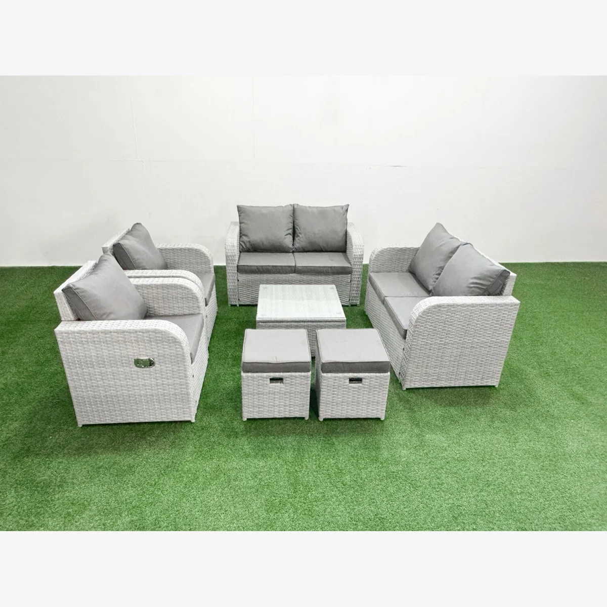 Fimous 8-Seater PE Rattan Reclining Garden Sofa Set with Glass Table, Light Grey - Light Grey – image 1