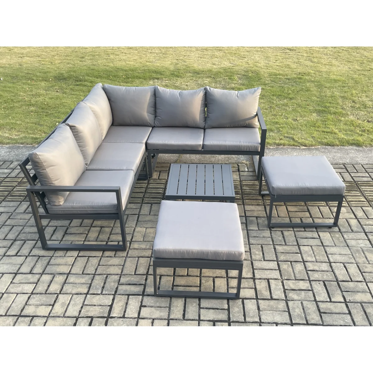 Fimous 7-Seater Aluminium Outdoor Lounge Set with Coffee Table and 2 Footstools Dark Grey - Dark grey powder coated with dark grey fabric – image 2