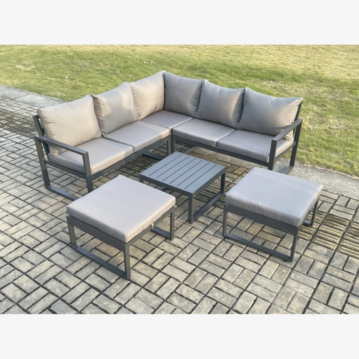 Fimous 7-Seater Aluminium Outdoor Lounge Set with Coffee Table and 2 Footstools Dark Grey - Dark grey powder coated with dark grey fabric – image 1