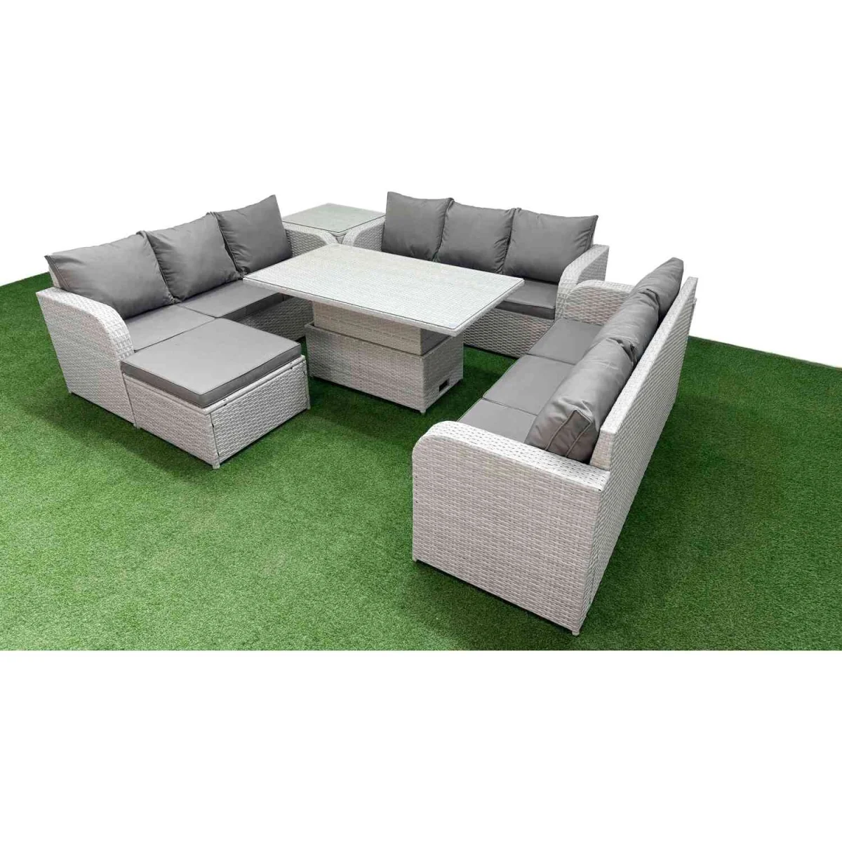 Fimous 10-Seater PE Rattan Garden Sofa Set with Adjustable Lifting Table, Light Grey - Light grey PE rattan with dark grey fabric – image 5