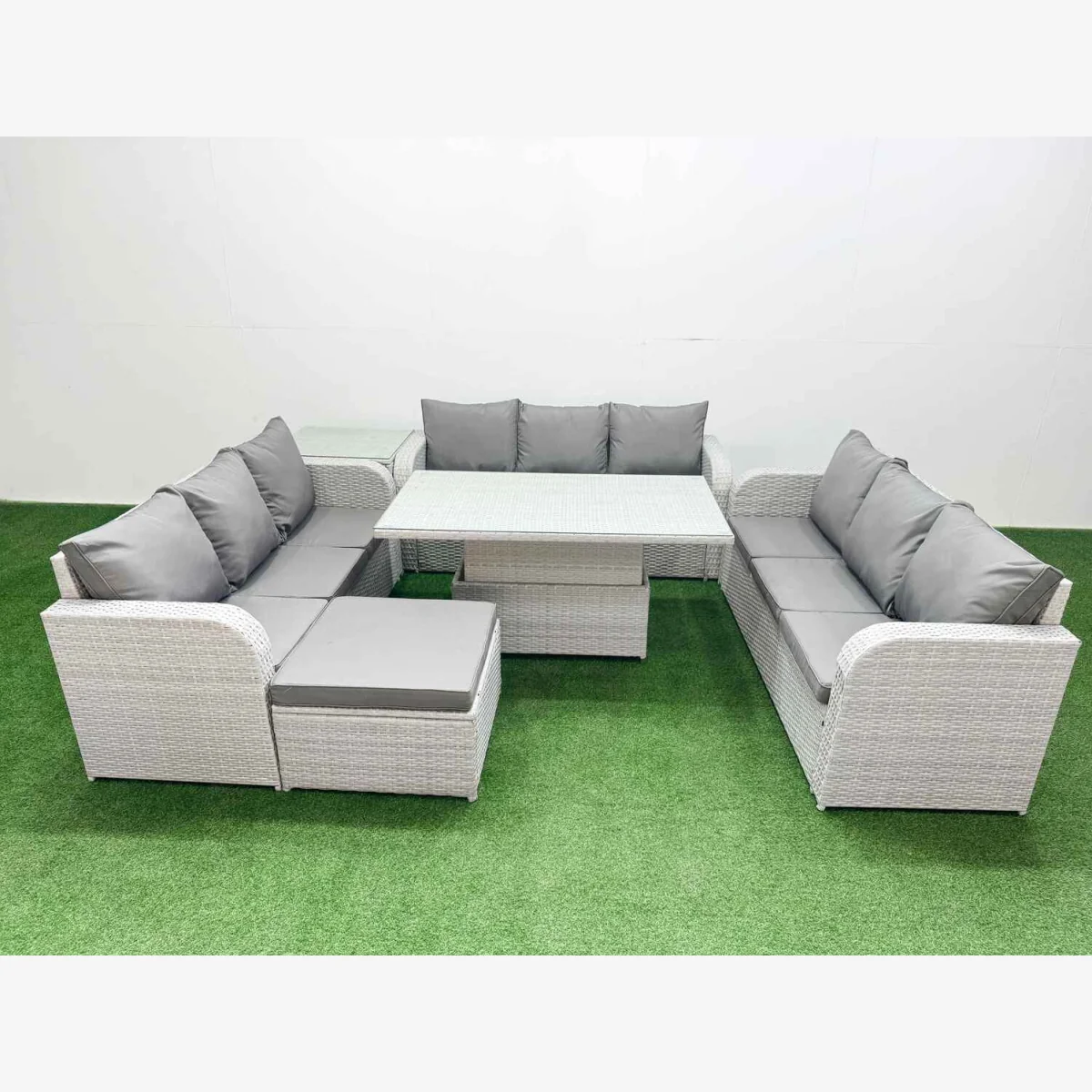 Fimous 10-Seater PE Rattan Garden Sofa Set with Adjustable Lifting Table, Light Grey - Light grey PE rattan with dark grey fabric – image 1