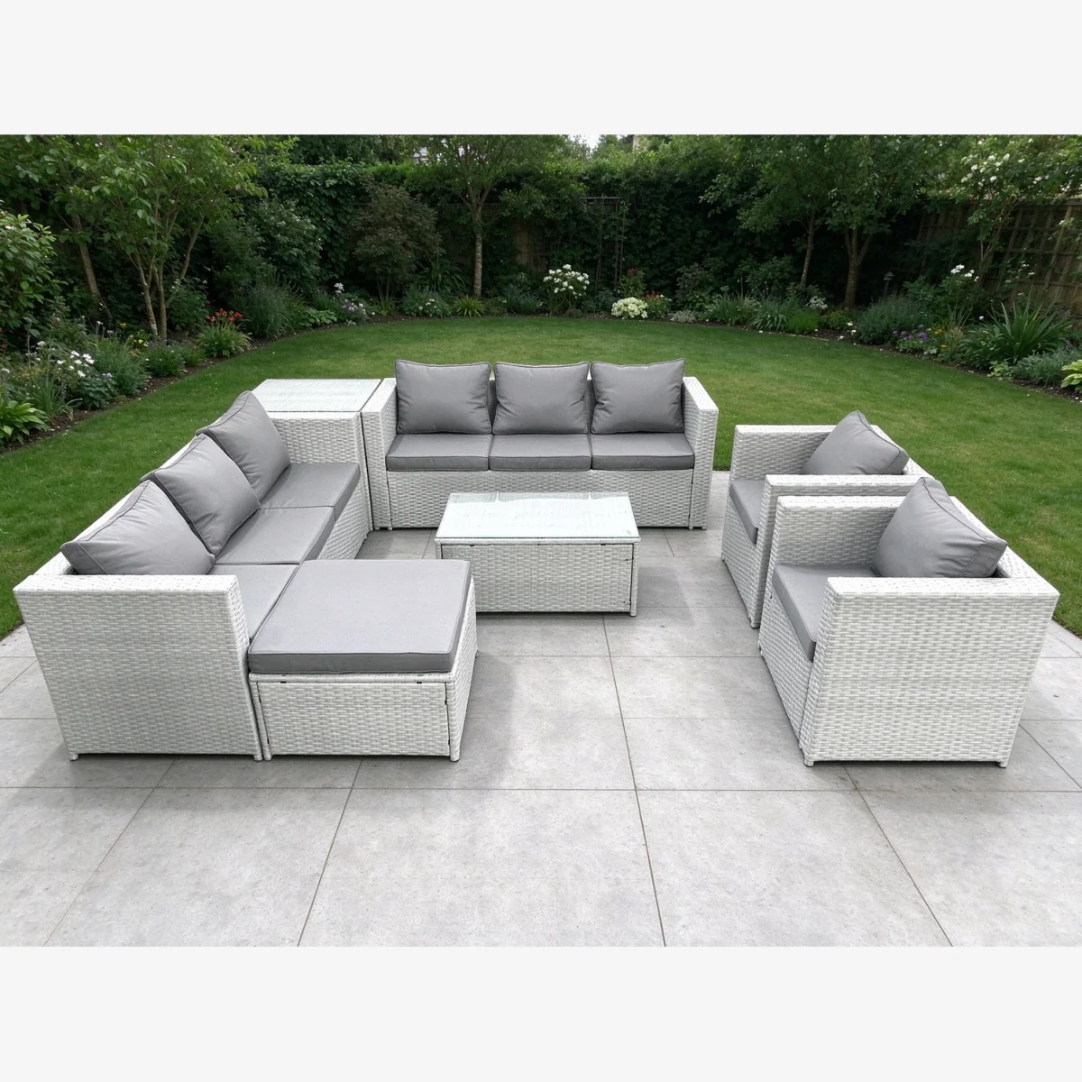 9-Seat Outdoor Rattan Sofa Set with 2 Sofas 2 Armchairs Footstool 2 Tables