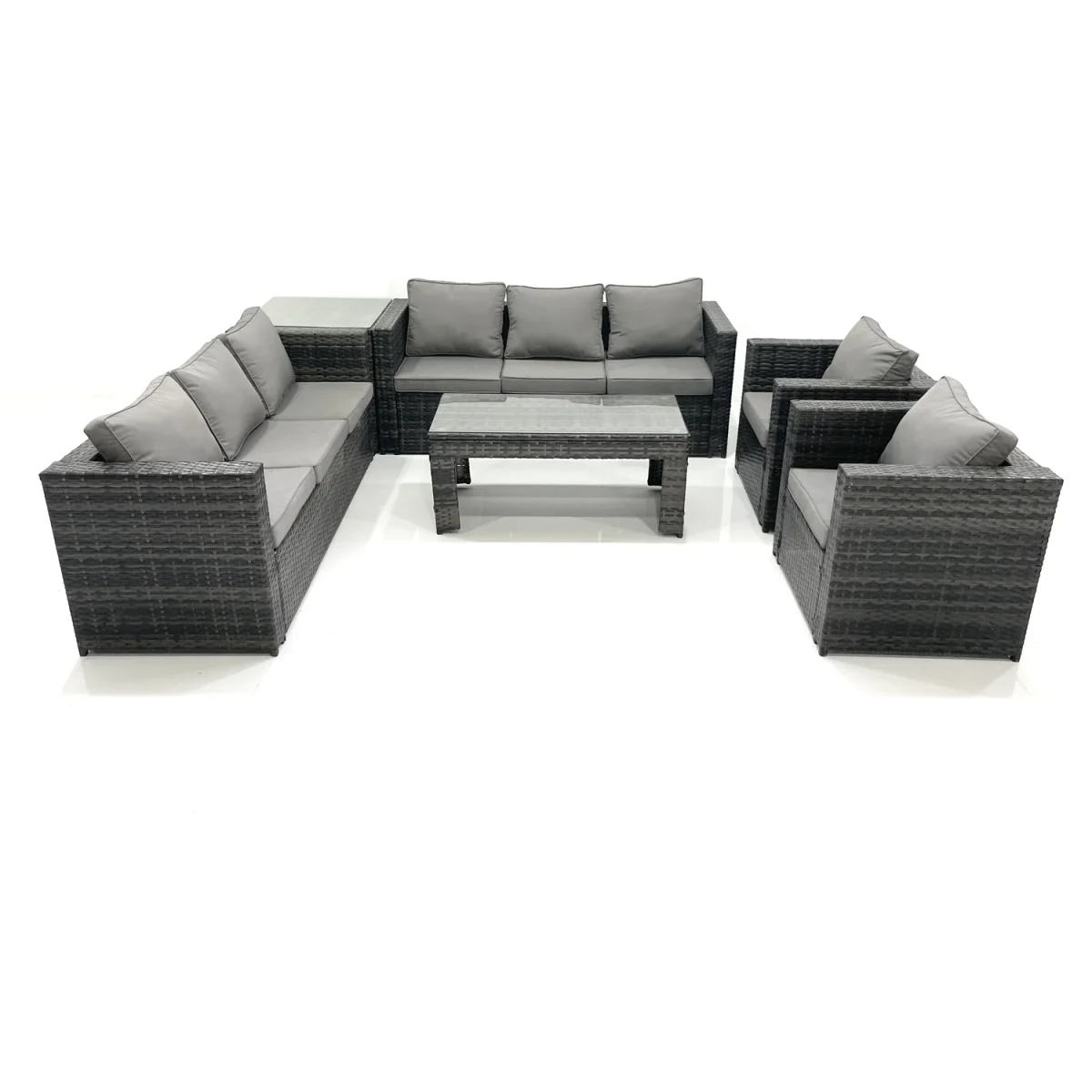 Fimous Dark Grey Mixed PE Rattan Outdoor Sofa Set with Tempered Glass Tables. - Dark Grey Mixed – image 5