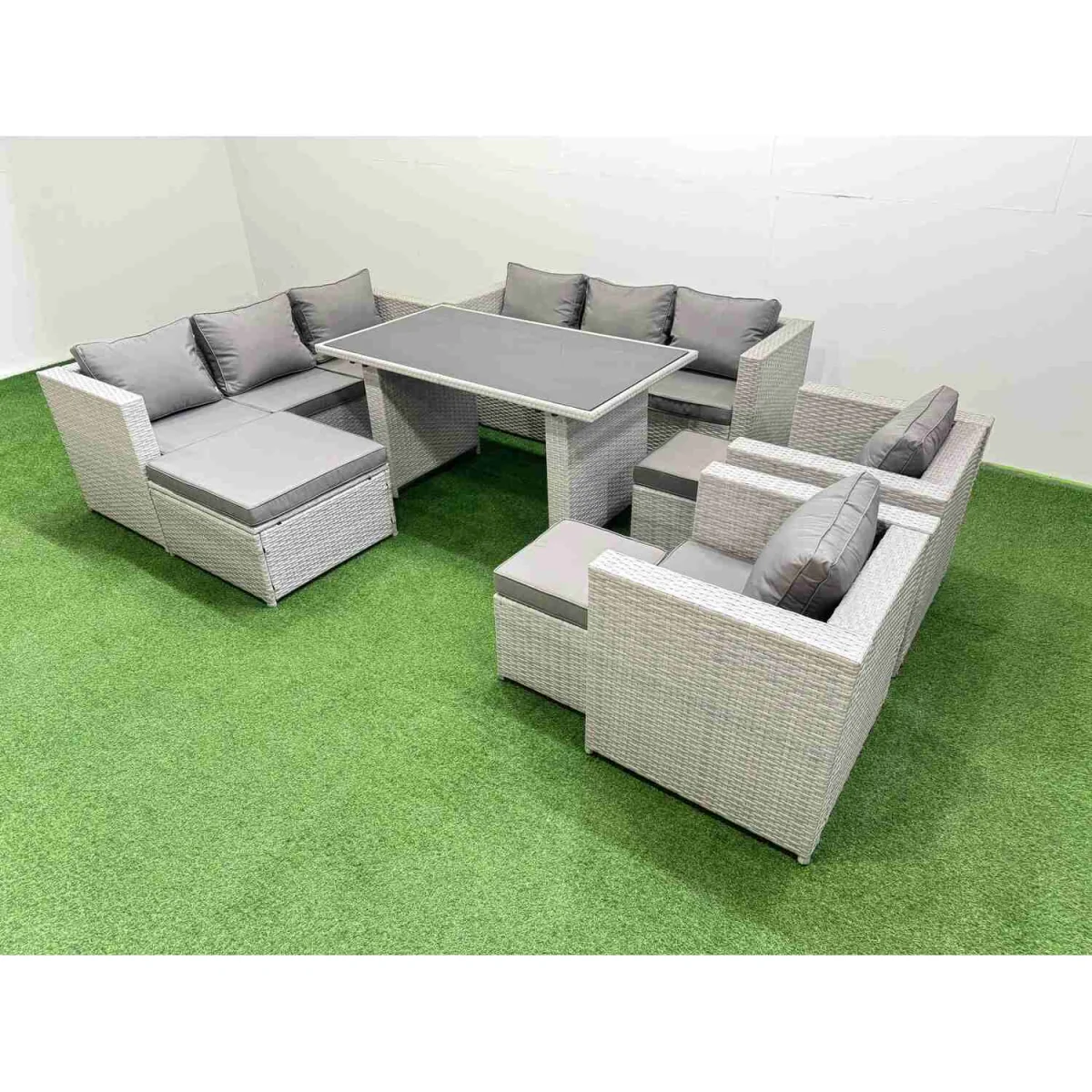 Fimous 11 Seater PE Rattan Outdoor Dining and Sofa Set Light Grey - Light grey mixed rattan with dark grey fabric – image 2