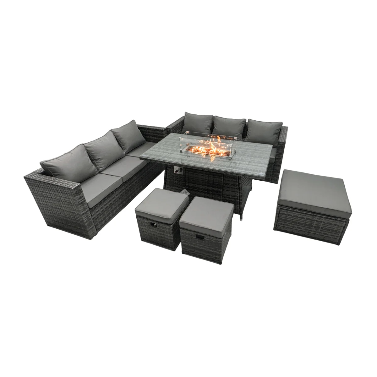 Fimous 9-Seater Rattan Garden Firepit Dining and Lounge Set with Footstools - Dark grey mixed rattan with dark grey fabric – image 1