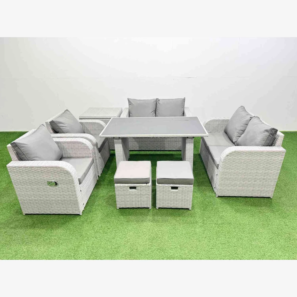 Fimous 8-piece PE rattan outdoor sofa set with recliners and glass table - Light Grey – image 1