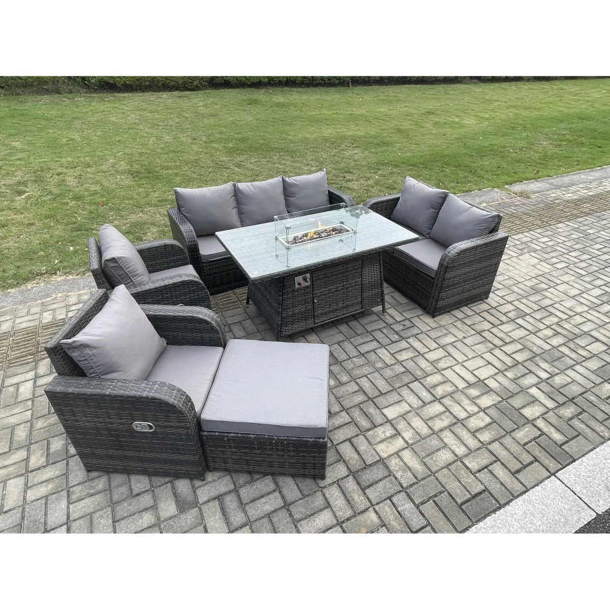 Fimous PE Wicker Outdoor Rattan Sofa Set with Propane Fire Pit Table and Big Footstool - Dark Grey – image 2