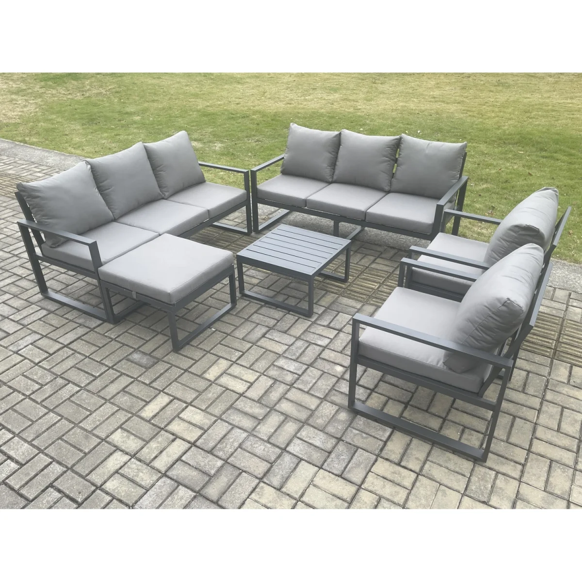 Fimous Aluminium Patio Garden Sofa Set with Square Coffee Table and Footstool Dark Grey - Dark grey powder coated with dark grey fabric – image 2