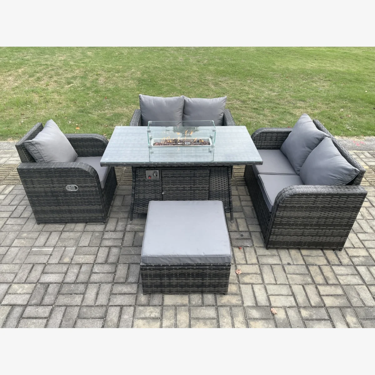 Fimous 6-Seater Rattan Outdoor Sofa Set with Gas Fire Pit Table Dark Grey Mixed - Dark Grey – image 1